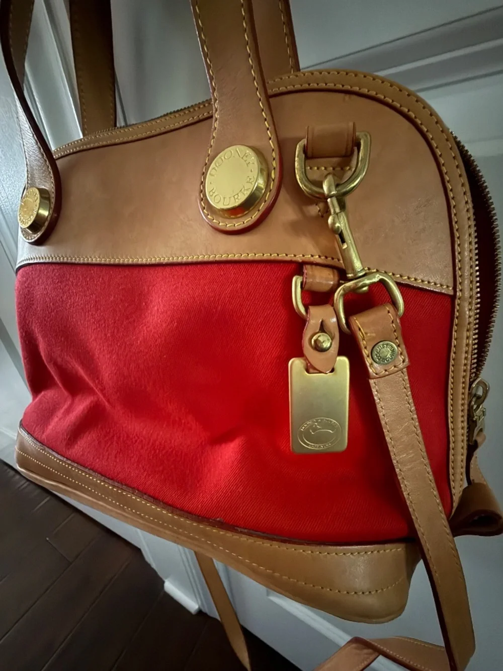 Dooney and Bourke Red Canvas and Tan leather purse. - Picture 3 of 6